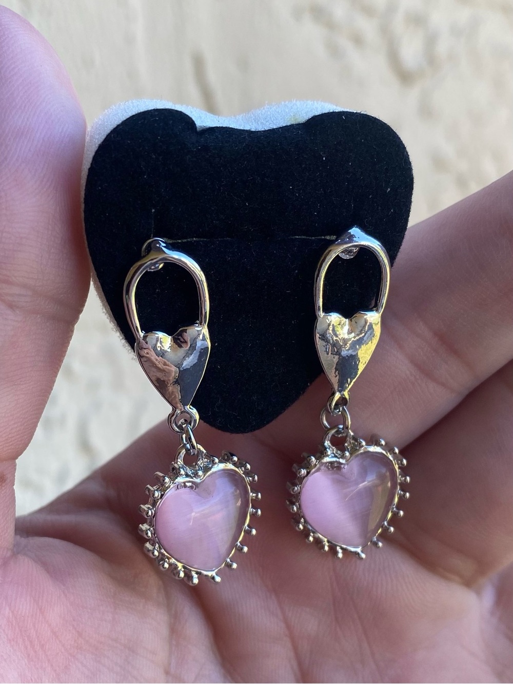Lab Created Pink Opal Heart Shape Dangle Drop Stud Stainless Steel Earrings